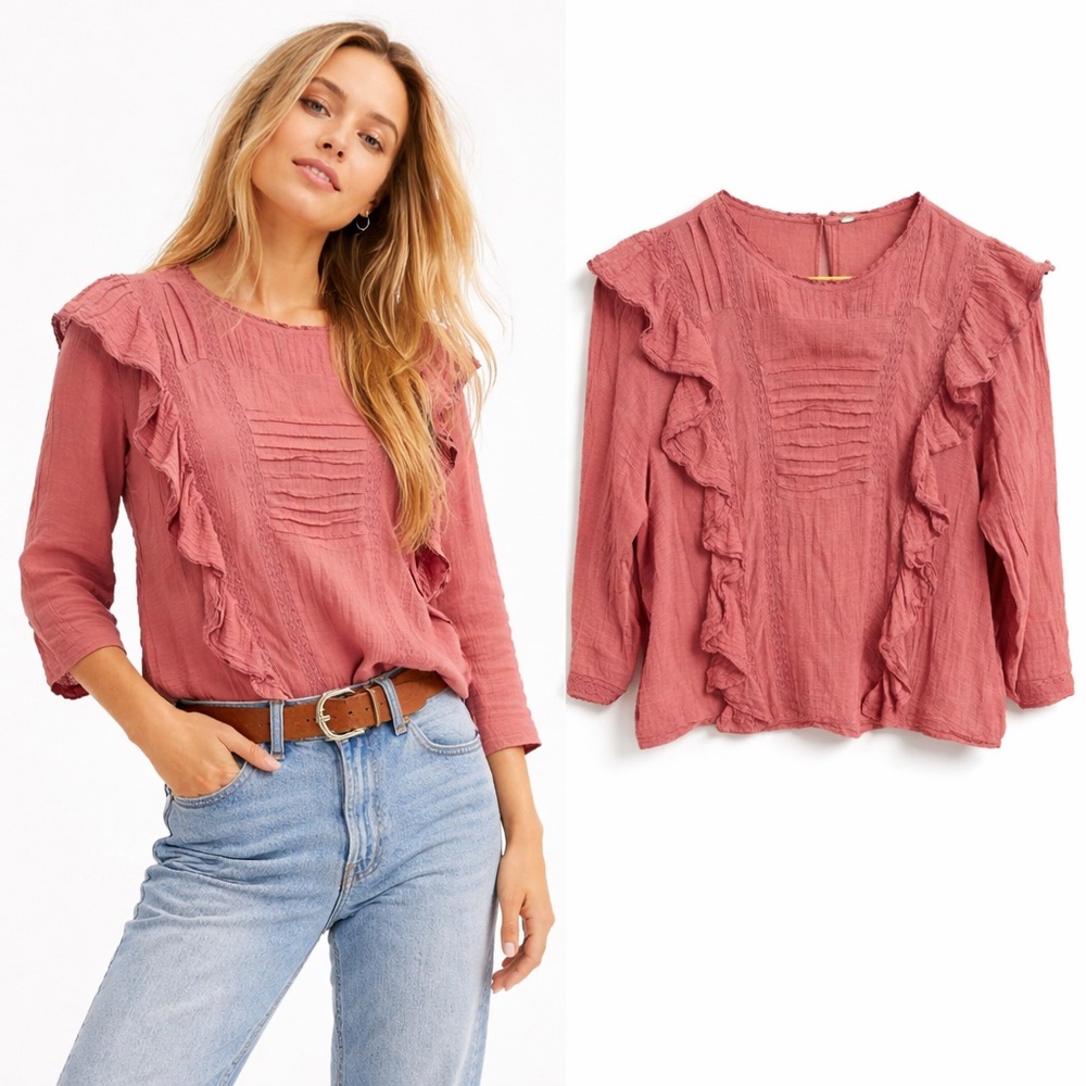 FREE PEOPLE Ruffle Pintuck Lace Gauze Blouse Dusty Rose Boho Top L